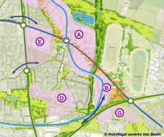 Schematische Planung der U4-Verlängerung zwischen Englschalking (oben links) und Riem (unten rechts)