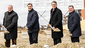 1. Spatenstich Martinsried. Bürgermeister Nafziger, Ministerpräsident Söder, Minister Blume und Bernreiter