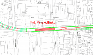 Lageplan des geplanten U-Bahnhofs Pinakotheken aus der vertieften Machbarkeitsplanung U9