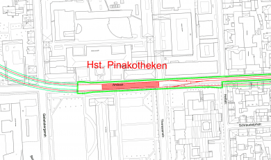 Lageplan des geplanten U-Bahnhofs Pinakotheken aus der vertieften Machbarkeitsplanung U9 Lageplan des geplanten U-Bahnhofs Pinakotheken aus der vertieften Machbarkeitsplanung U9