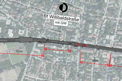 Lageplan des geplanten U-Bahnhofs Willibaldstraße