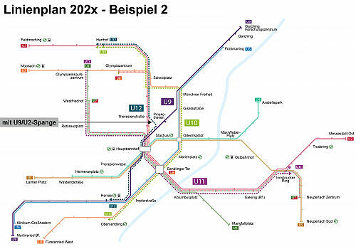 Stand 2014: Beispiel für mögliches U-Bahn-Liniennetz 202x (mit U9-Spange)