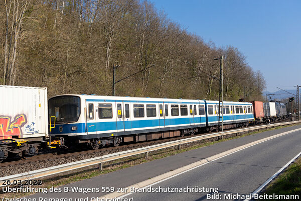 Überführung des B-Wagens 559 zur Brandschutznachrüstung (zwischen Remagen und Oberwinter)