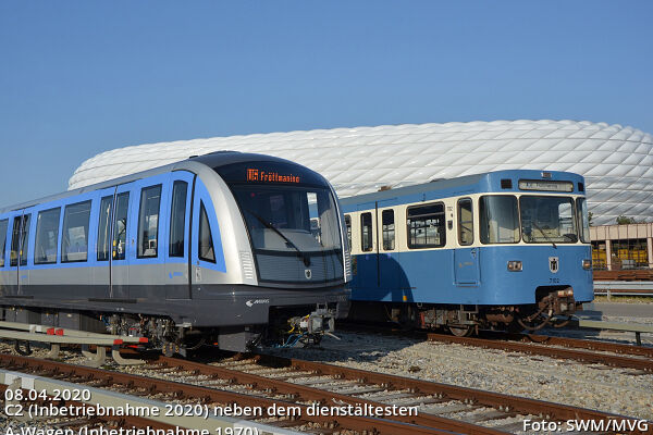 C2 (Inbetriebnahme 2020) neben dem dienstältesten A-Wagen (Inbetriebnahme 1970).