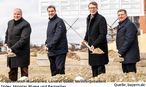 1. Spatenstich Martinsried. Landrat Göbel, Ministerpräsident Söder, Minister Blume und Bernreiter