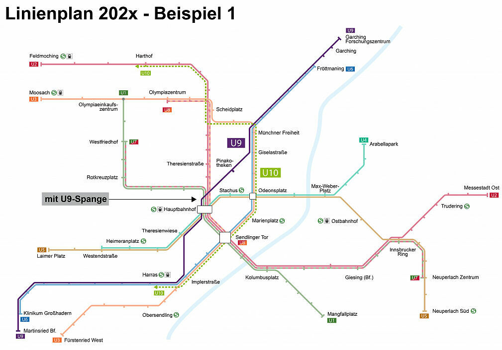 Stand 2014: Beispiel für mögliches U-Bahn-Liniennetz 202x (mit U9-Spange)