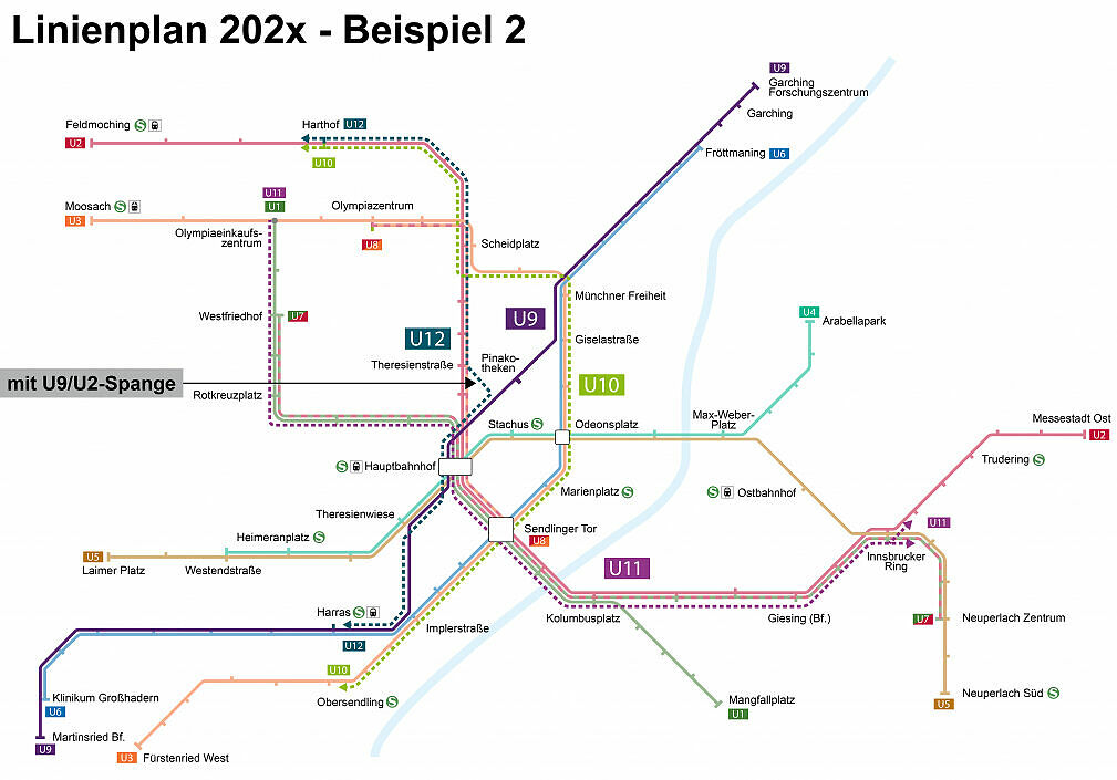 Stand 2014: Beispiel für mögliches U-Bahn-Liniennetz 202x (mit U9-Spange)